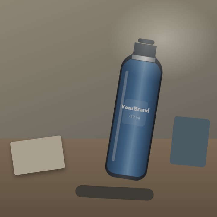 Dim, off-centre phone photo of a water bottle on a cluttered desk